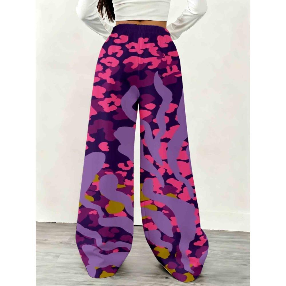 Women's casual wide-leg sweatpants with vibrant purple, pink and yellow abstractions
