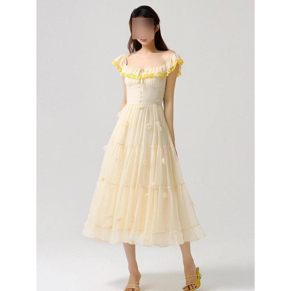 

Чистое весеннее платье для девочки, нежное платье-сарафан с рукавами Сяофэй, женское летнее желтое универсальное длинное платье XL- (recommended 110-60kg) светло-желтого