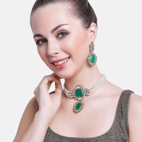 

Комплект кольє Estele Stunning Emerald and Kundan з перлами для жінок