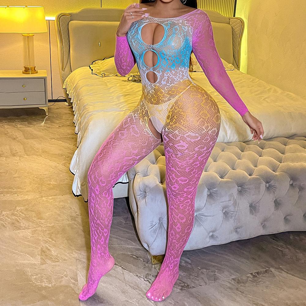 Women'S Sexy Gradient Pink Long Sleeve Bodysuit Open Crotch Fishnet Mesh Tight Jumpsuit Bodystocking Slim Lingerie Nightwear