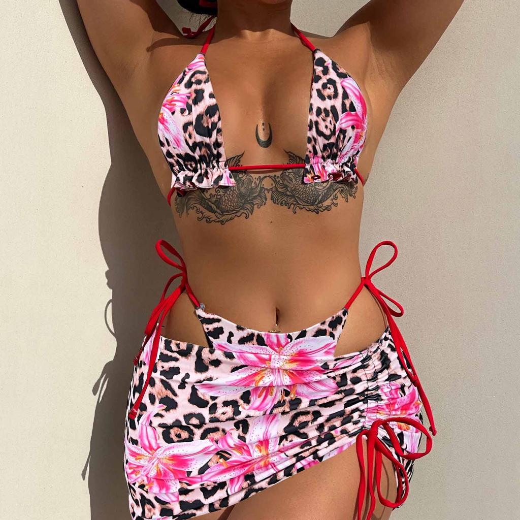 Women's 3-Piece Printed Bikini Set, European Swimwear, Double-Sided Wear, Swimsuit, Summer Pool Party Bathing Suit