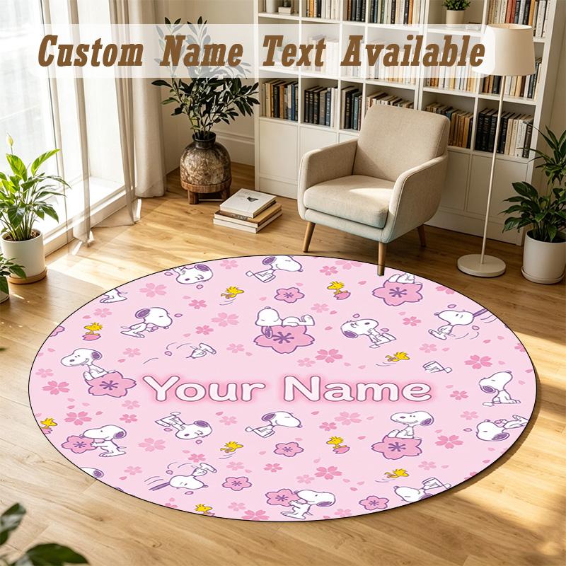 Snoopy Peanuts Personalized Round Rug Support Custom Name, Soft Home Decor Mat