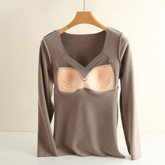 Women Bottoming Tops V-Neck Chest Padded Long Sleeve Thermal Tops Elastic DE Velvet