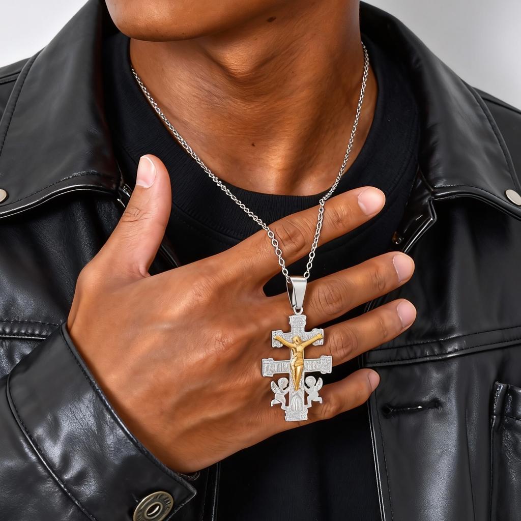 Der Orthodoxe Kirchenkreuz Halskette für Männer, Edelstahl Kreuz Jesu Halsbänder, Russischer Religiöser Glaube Schmuck Geschenk