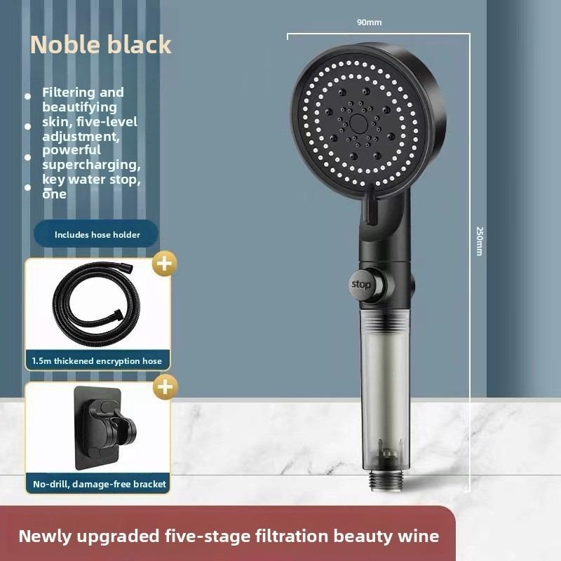 Black Five-speed Water-stop Multi-functional Bathroom Showerhead Set, Black Household, Large Water Output, Hot Water Pressurization