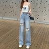 2022 Autumn High Waist Fashion Streetwear Baggy Pants Straight Women's Ripped Jeans Women  Denim Trousers Korean Stytle