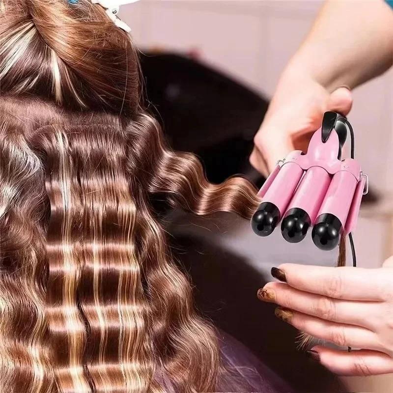 Triple Barrel Hair Waver - Reversible Big & Small Wave Styles, EU Plug Wave Pattern Electric Hair Curler Salon Accessories Tools