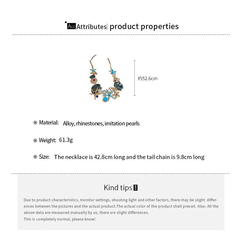 Marine Series Starfish Shell Coral Pendant Necklace for Women Luxury Imitation Pearl Rhinestone Chain Necklaces Boho Jewelry F