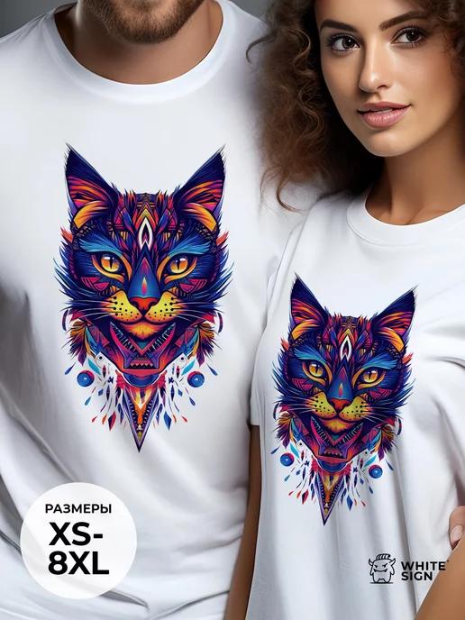 Bright oversized summer T-shirt with Cat print L