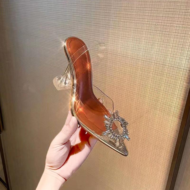 New summer thin heel rhinestone sandals pointed transparent crystal high heels women's shoes