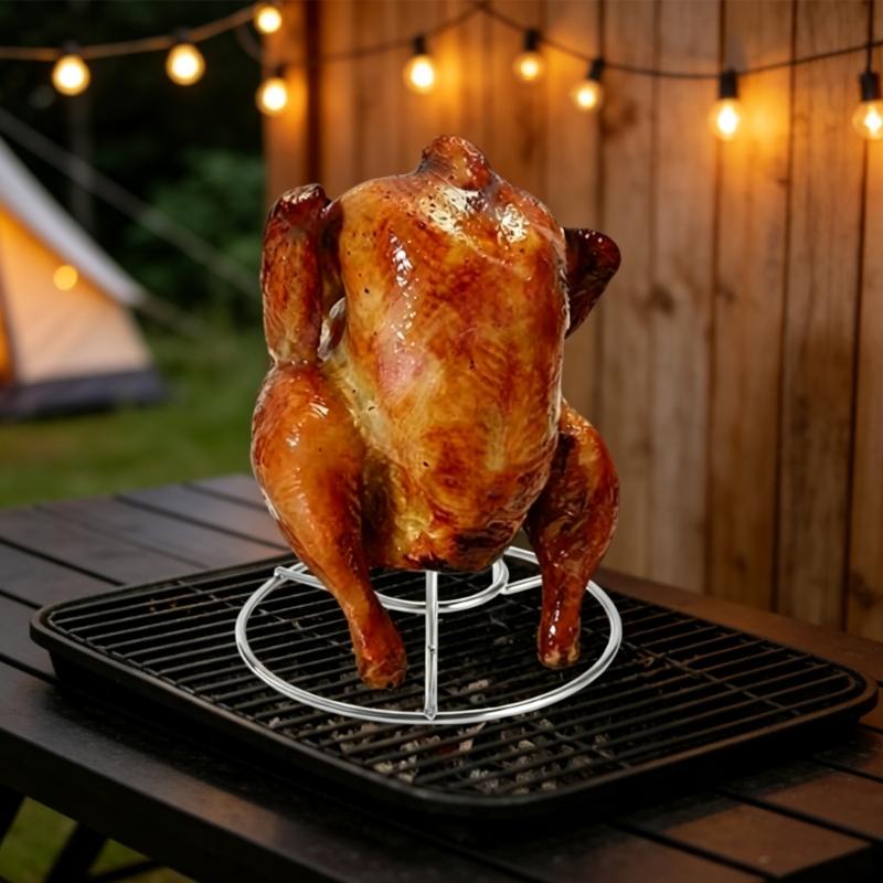 Whole Chicken Roasting Rack with Vertical Center Support and Open Wire Frame for Camping Cookouts, Backyard Barbecues, and Gatherings