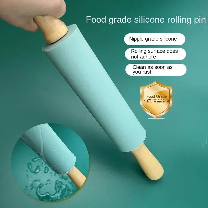 Wooden Handle Silicone Rolling Pin Non-stick Fondant Pastry Dough Roller Kitchen Biscuit Cupcake Pasta Baking Tools