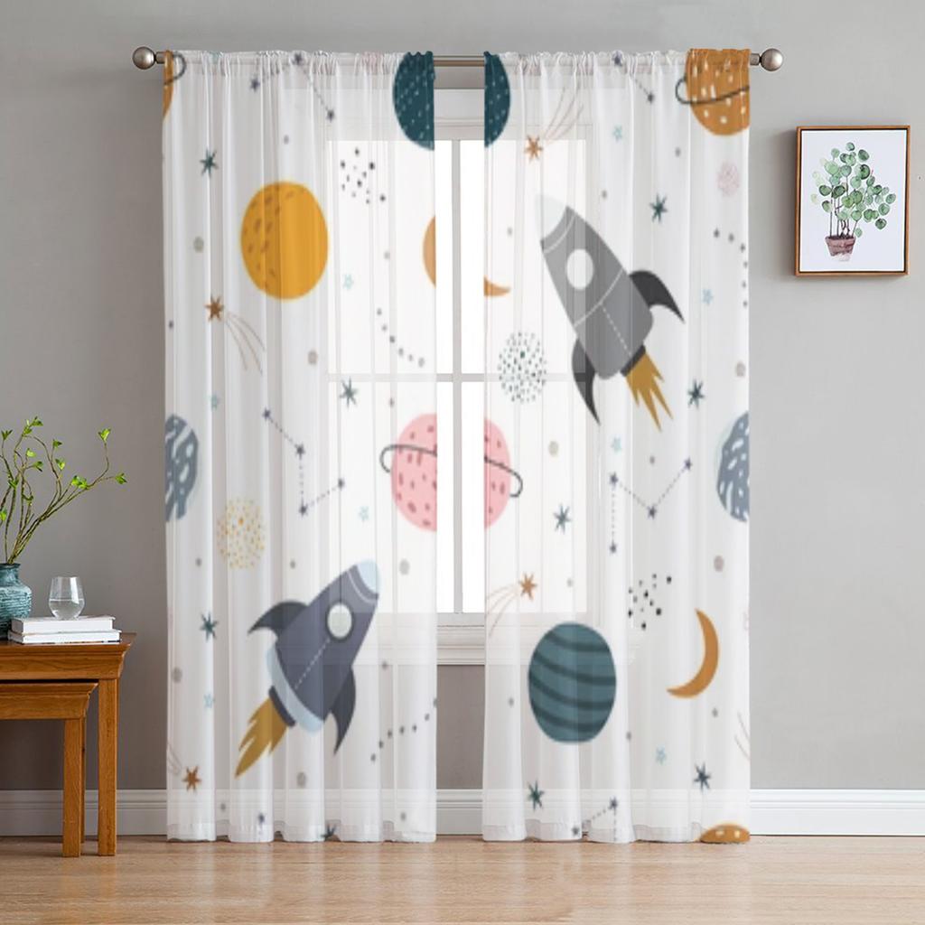 Rachetă și stele Perdele din șifon desenat manual pentru sufragerie Dormitor Decorare fereastră Perdele din tul Draperii