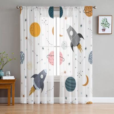 Rocket And Stars Hand Drawn Chiffon Sheer Curtains For Living Room Bedroom Decoration Window Tulle Curtains Drapes