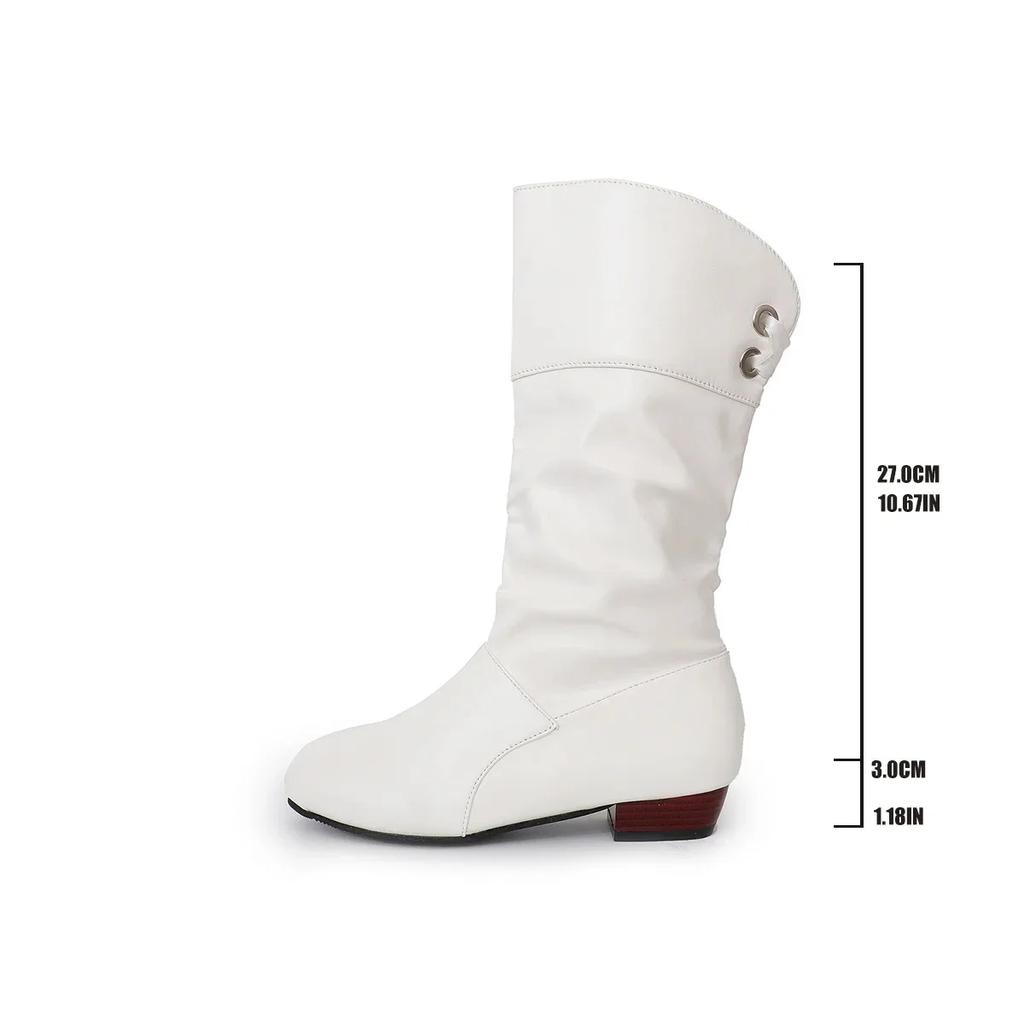 Fall Winter Large Size Student Knight Boots Low Heel Round Head Women's Mid-Calf Boot Warm Rubber Material Leisure Style
