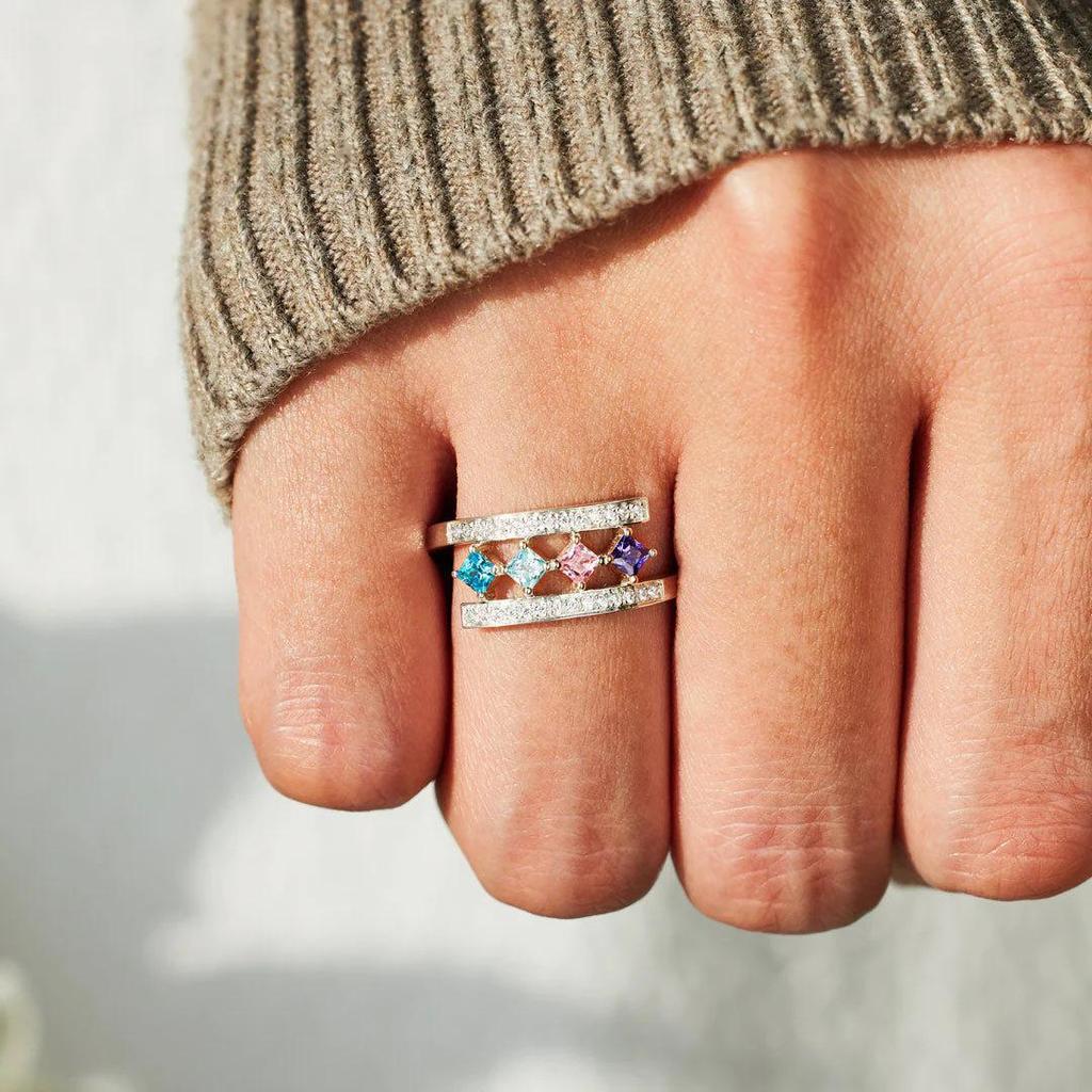 High-End S925 Sterling Silver Colorful Diamond Square Double Ring for Women - European & American Style Index Finger Ring