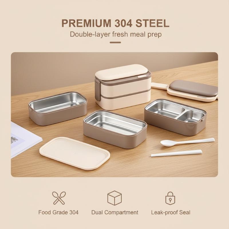 304 Stainless Steel Lunch Box 2 Layers Divided Microwavable Bento Box For Students Office Worker Portable Sealed Food Containers