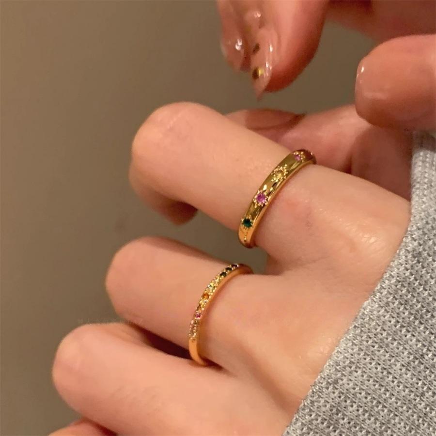 Simple and Exquisite Plain Ring Colored Zircon Ring Ins Niche Design Light Luxury Stacked Open Ring