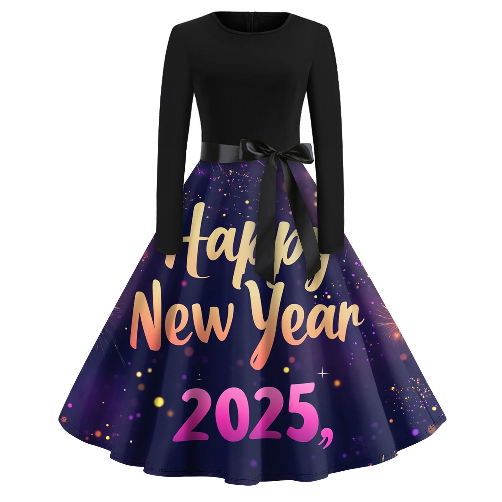 Women s Vintage Classic Dress Long Sleeve  Print Round Neck Swing Dress XXXL