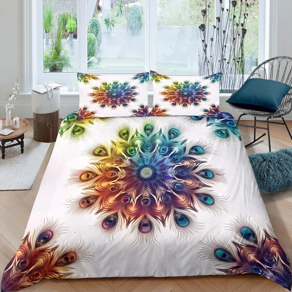 Peacock Feather Duvet Cover Queen Rustic Wildlife Woodland Animal Bedding Set for Boys Girls,Watercolor Peafowl Comforter Cover