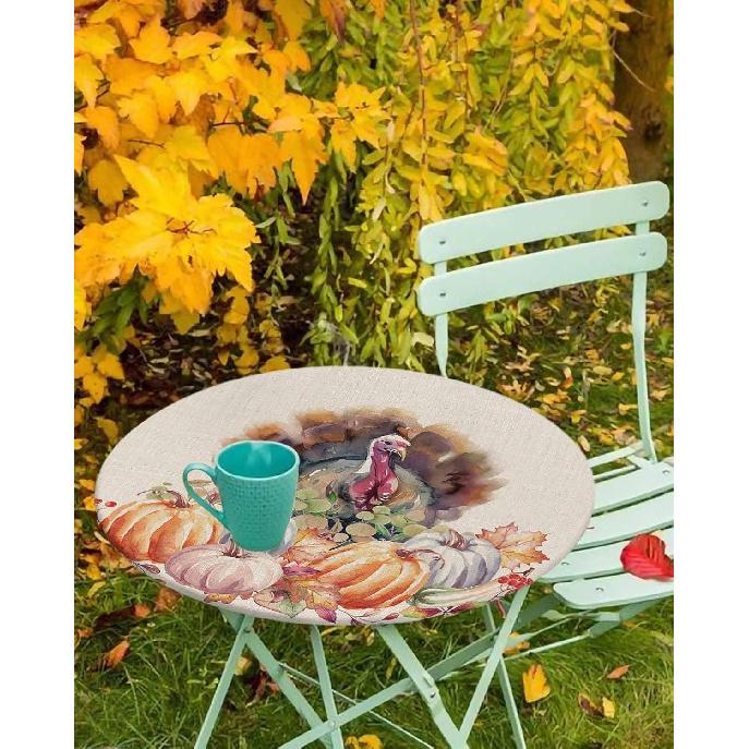 Thanksgiving Round Fitted Tablecloth with Elastic Edge,Watercolor Turkey Pumpkin Table Cloth for Round Tables,Farm Harvest Autumn Table Cover for