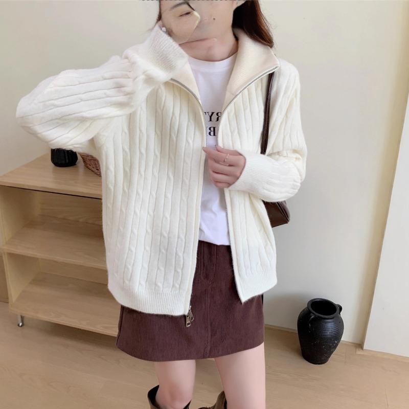 Loose lazy wind age-reducing sweater jacket women's autumn and winter new twist stand-up collar zipper fashion knitted cardigan