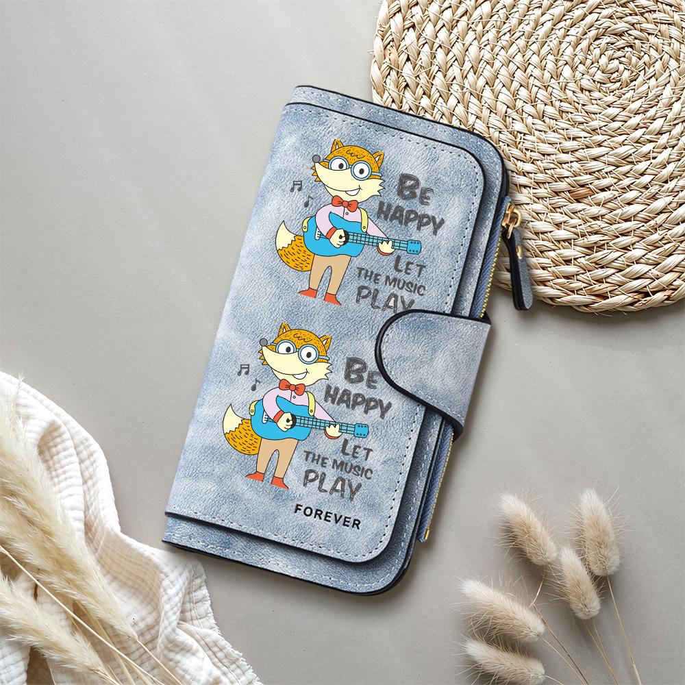 Cartoon Fox Print Long Wallet Cute PU Leather Purse Large Capacity Card Holder Fashion Zipper Wallet