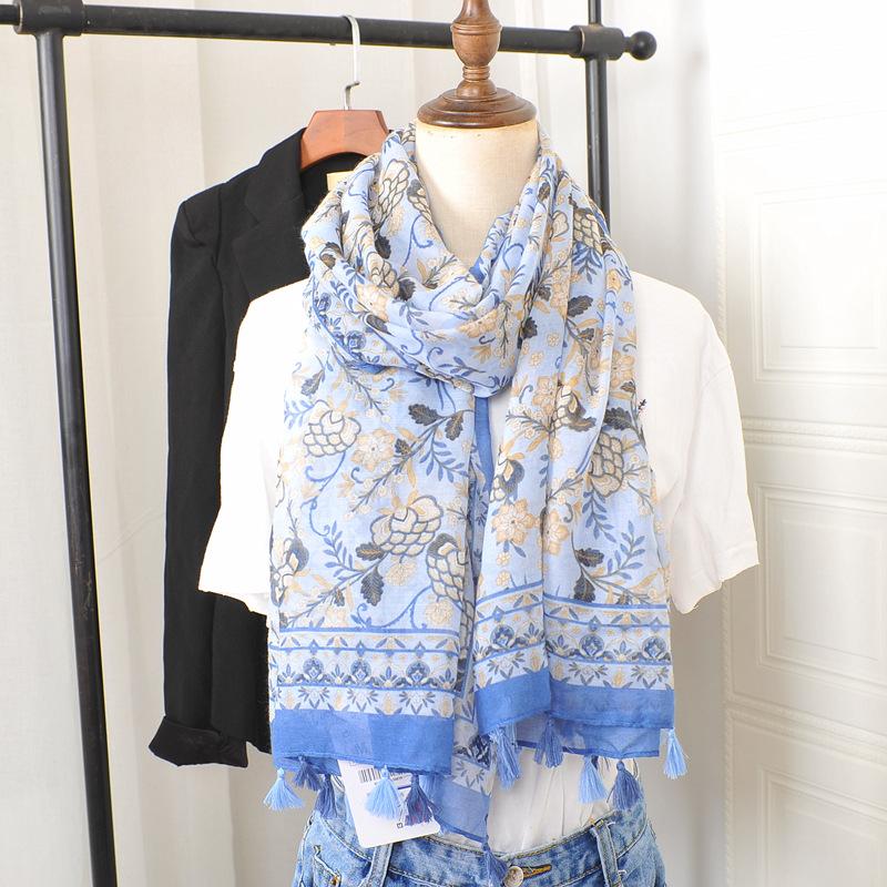 Ethnic Style Blue and White Porcelain Cotton and Linen Scarf, Women's Artistic Shawl, Travel Sunscreen Scarf, Office Shawl