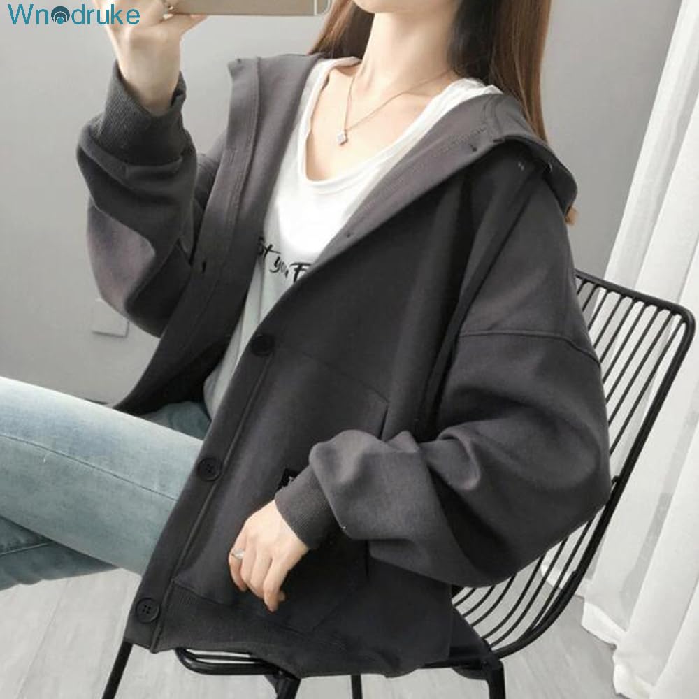 Wnodruke Lightweight Casual Hoodie with Loose and WN050 Dark Women's Buttons, Fit, Spring, Autumn, Winter, (JP, Alphabet, XL, Gray)
