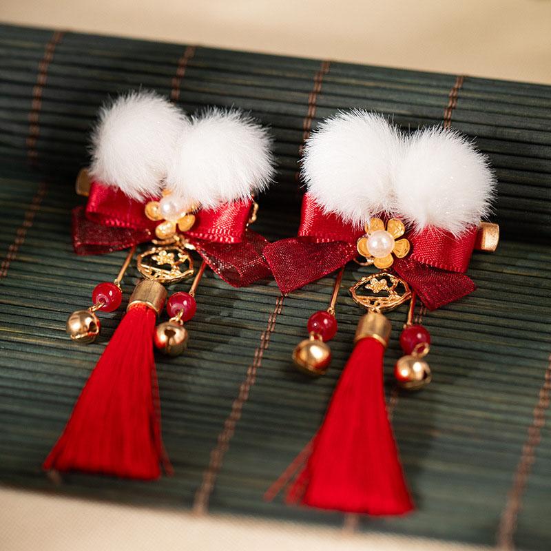 

Red Hanfu Pom Pom Hair Clip 2pcs Pair New Year Children s Tassel Headwear Ancient Style Festive Costume Accessory with Tassels