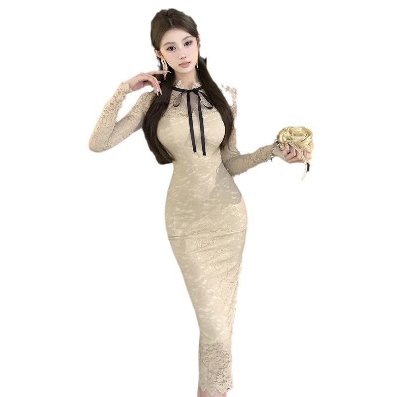 Women's French Heavy Industry Lace-Up Long Sleeve Slim-Fit Dress
