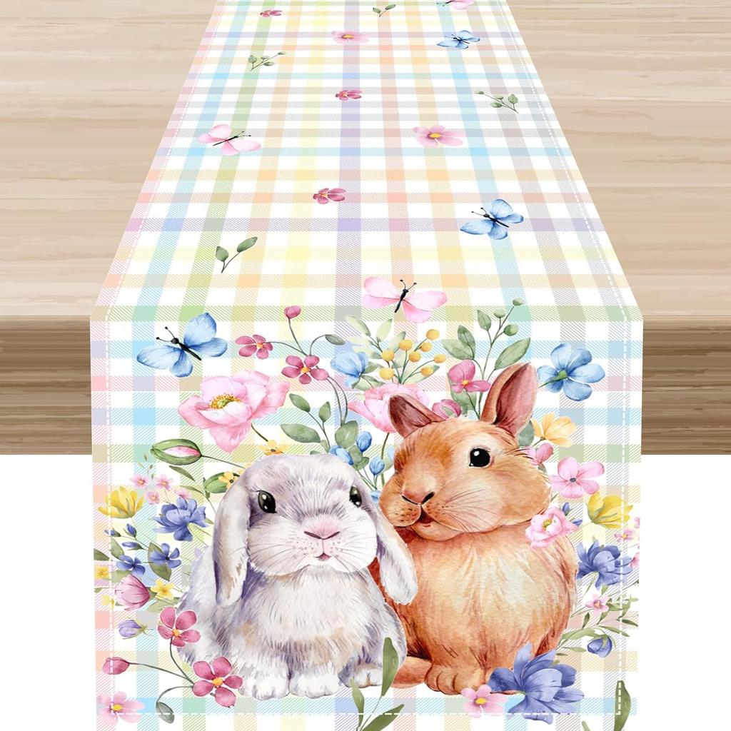 Easter Eggs Floral Linen Table Runner Holiday Party Decor Spring Colorful Flowers Eggs Dining Table Runners Easter Decorations