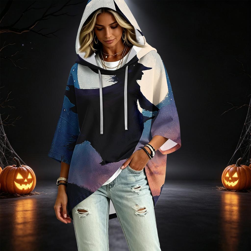 Women's Fashionable Three-Quarter-Sleeve Halloween-Printed Hooded Pullover