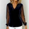 Elegant V-neck Mesh Lace Splicing Blouse Women Long Sleeved Velvet Dot Printed Loose Shirts Spring Autumn Office Tops Casual Simple T-shirts Clothing
