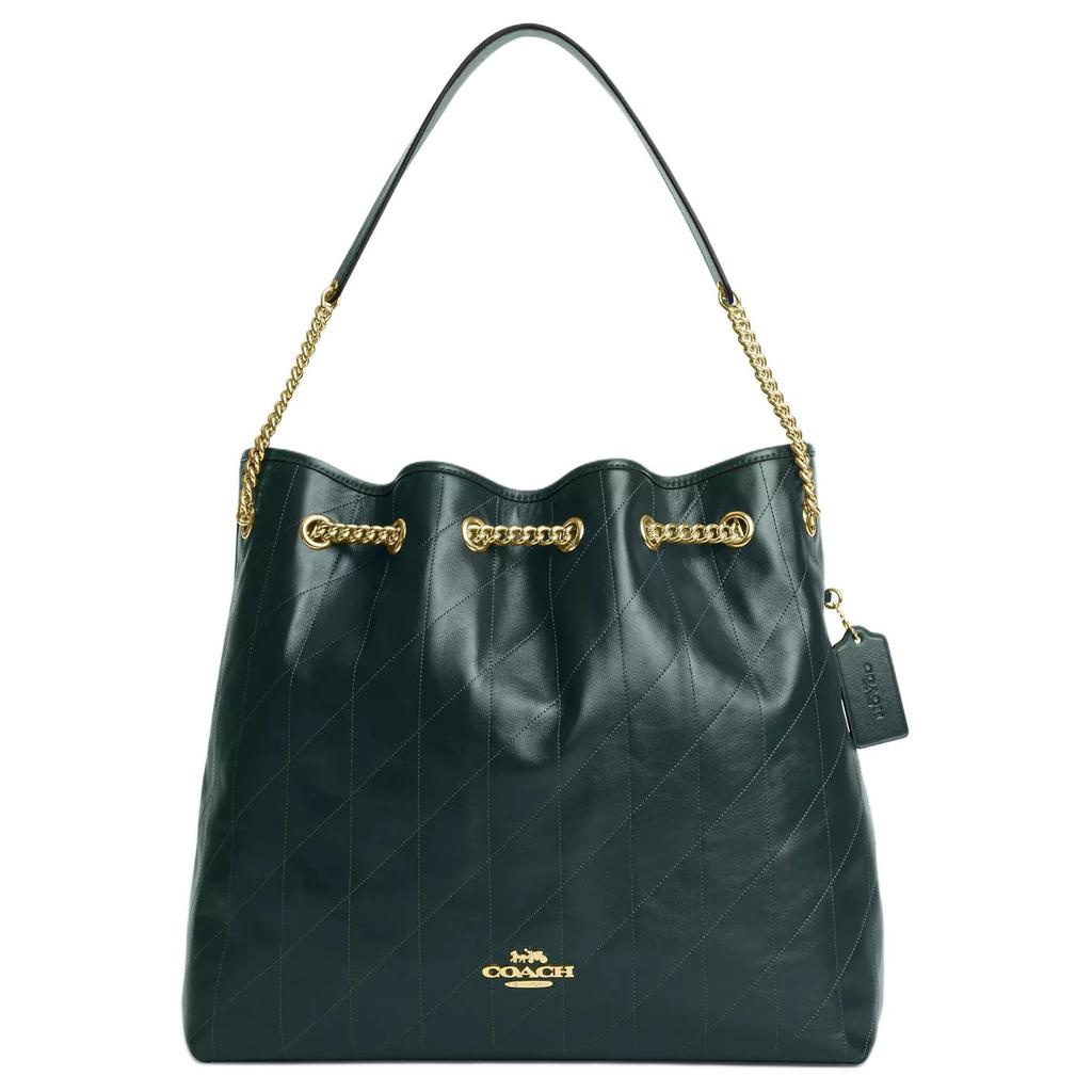 Coach Dark Green Quilted Leather Chain Shoulder Tote Bag with Gold Hardware for Daily Use