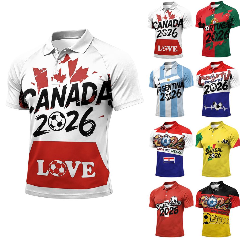 Men’s World Football Series Casual Printed Polo Shirt Button Down Short Sleeve Top with Graphic Lettering Design 2026