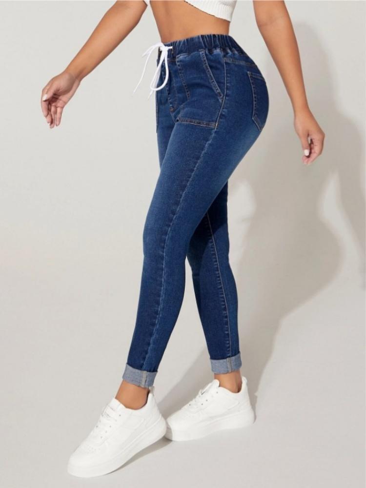 Women Skinny Jeans Stretch High Elastic Waist Drawstring Denim Pencil Pants Ankle Length Fashion Autumn Winter