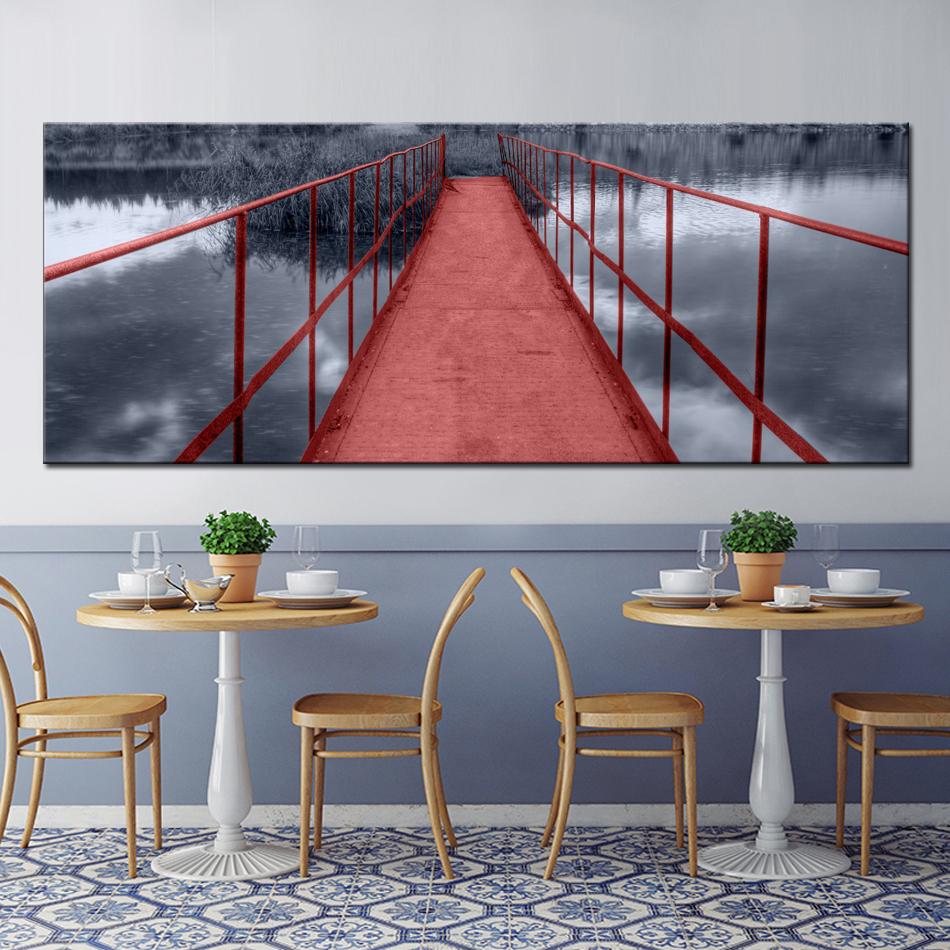 Moderne Landschaft Poster und Drucke Wand Kunst Leinwand Malerei Dekorative Rote Eisen Brücke Bilder für Wohnzimmer Dekor Kein Rahmen