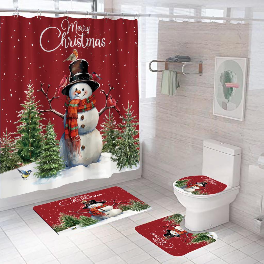 4pcs Merry Christmas Shower Curtain Polyester Shower Curtain Pedestal Rug Set Bathroom Decor Waterproof Curtain