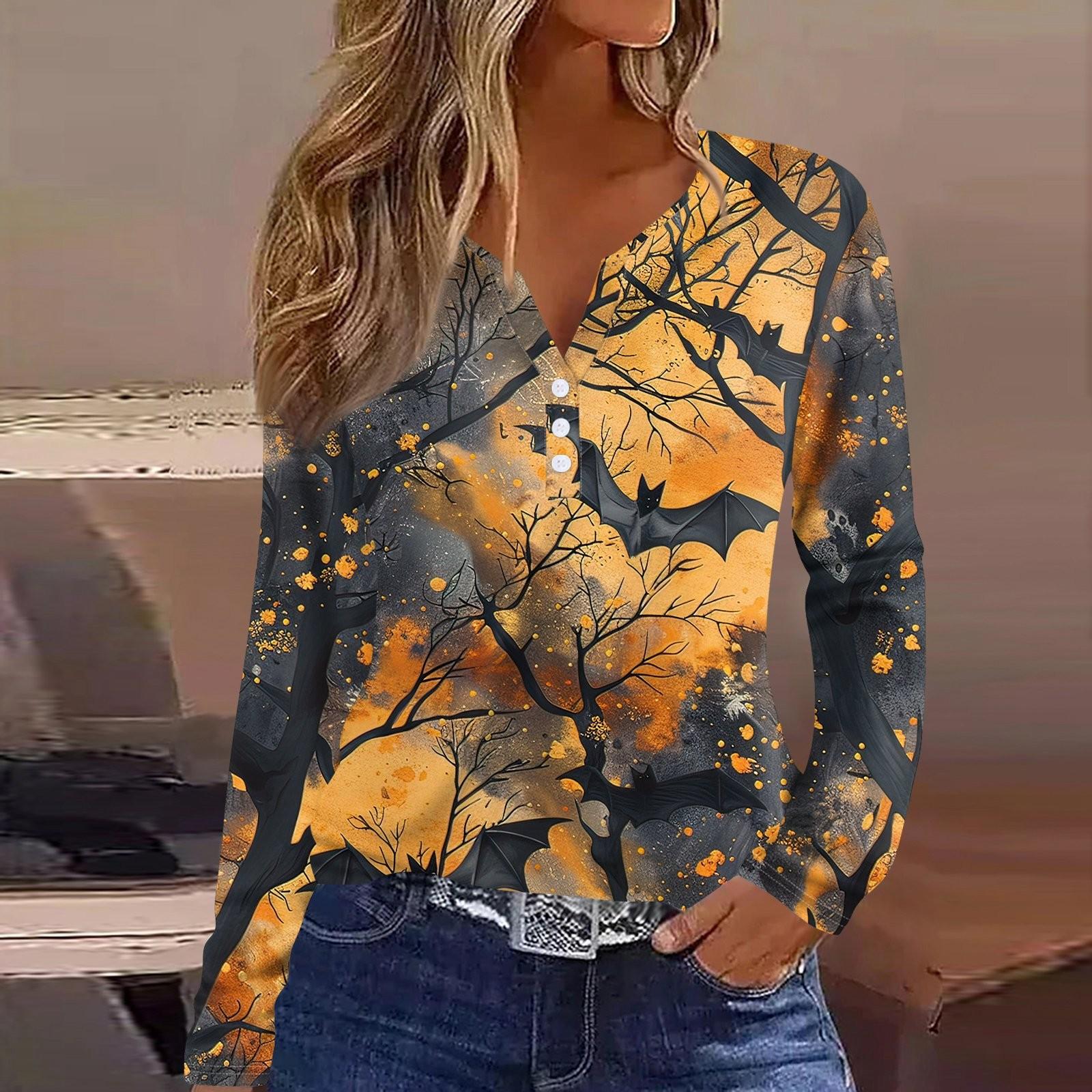 Жен. Футболка Футболка Хэллоуин С принтом Пуговицы Длинный рукав Повседневные Выходные — фото 4