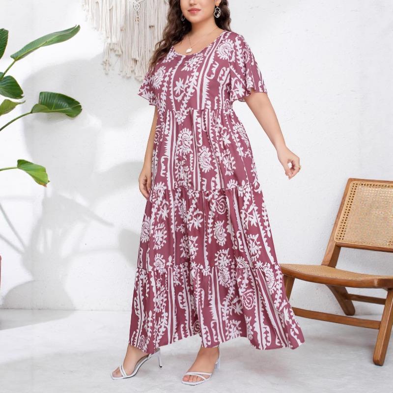 Plus Size Women Floral Print Round Neck Short Sleeve Casual Long Flared Dress
