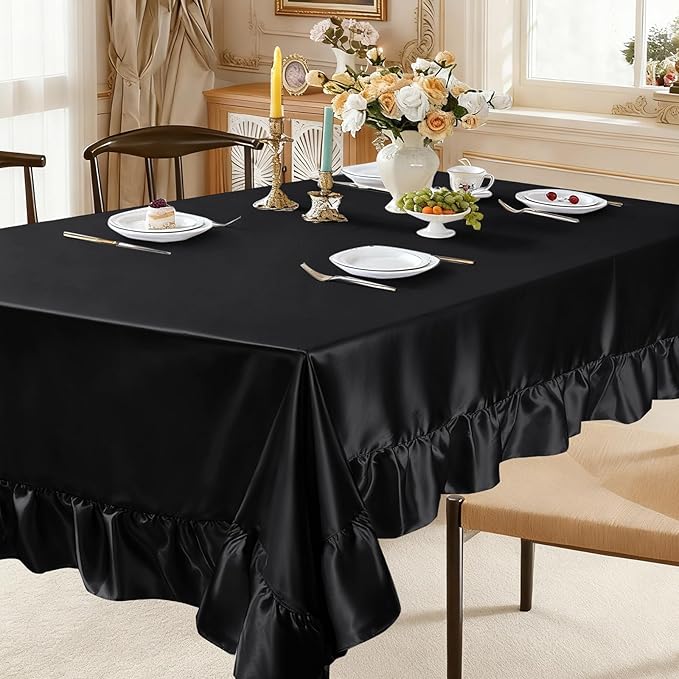 Gold Satin Tablecloth Rectangle Ruffled Table Cover,Ruffle Table Skirt for Kitchen Dining Weddings Dining Table Home Decoration