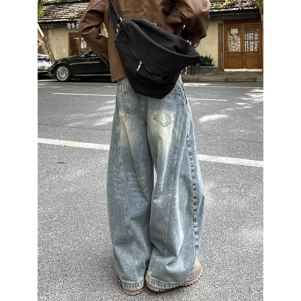 American retro scimitar pants heavy industry washed jeans vibe loose wide-leg pants niche design sense ruffian handsome trousers