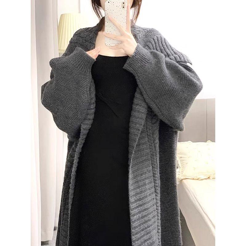 French Retro Long Knit Cardigan with Turn-Down Collar - Loose, Cozy Sweater for Tall Individuals (Autumn/Winter)