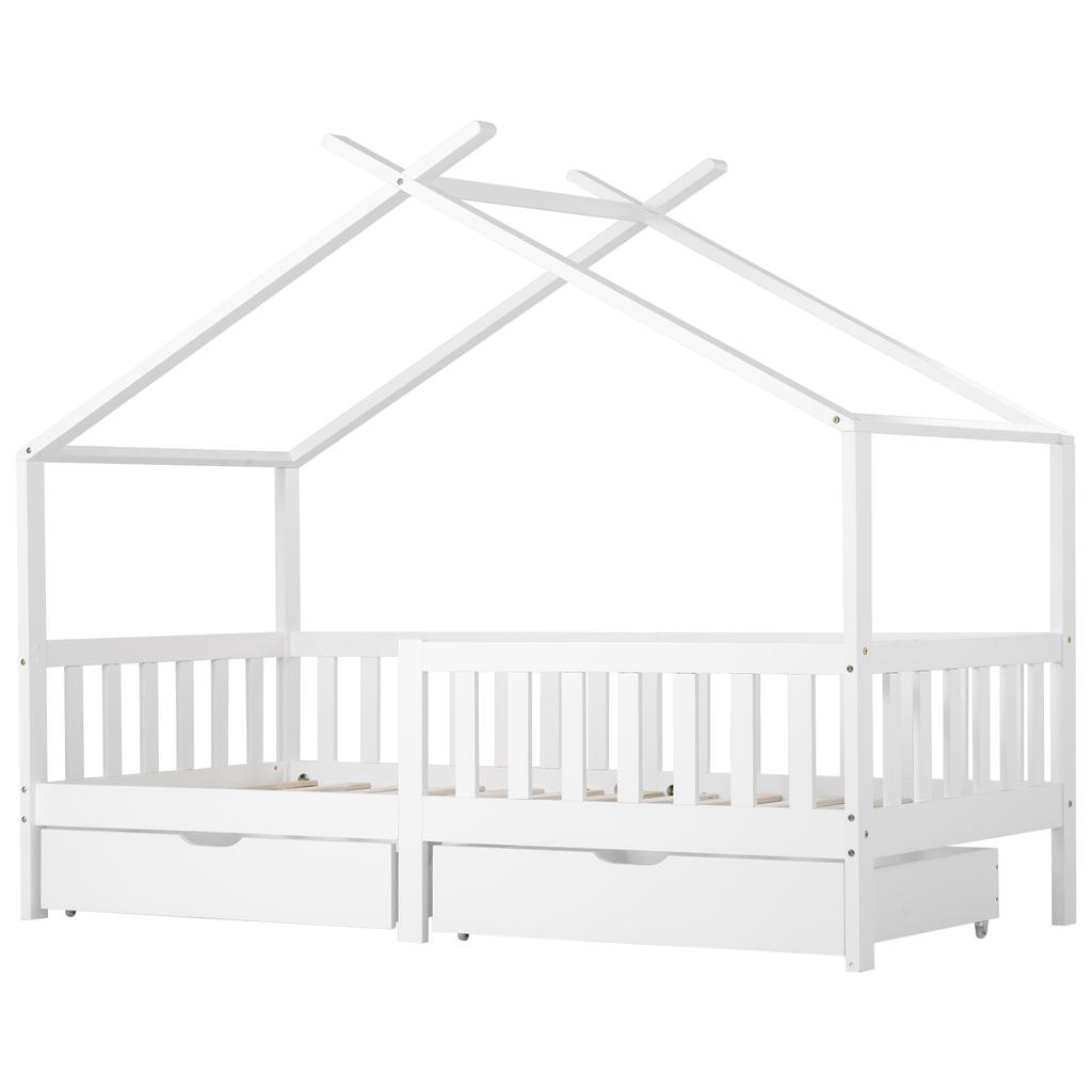 (Not Allowed to Sell on Germany)Beautiful house bed, with 2 drawers, solid wood, slatted frame, with fall protection, white (200x90 cm)