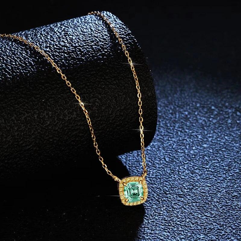 New Real Moissanite Square Pendant Necklace Green Emerald Cut Pure 925 Sterling Silver 18K Gold For Women Fine Jewelry