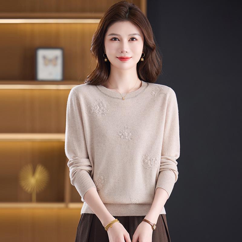Autumn/Winter 100% Pure Wool Sweater for Mature Women - Knitted Base Layer with Stylish Embroidered Half-High Neck