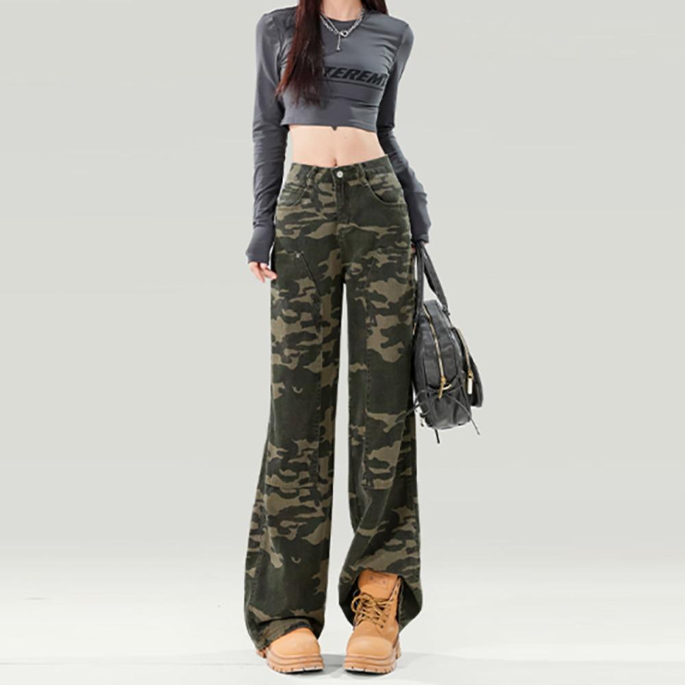 

Street camouflage high-waisted tooling jeans spring and autumn new design loose straight mopping jeans 2XL