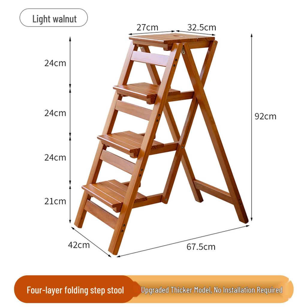 Solid Wood Foldable Ladder with Non-Slip Steps - Multi-Functional, Portable, Stackable, and Ideal for Household Climbing and Storage.
