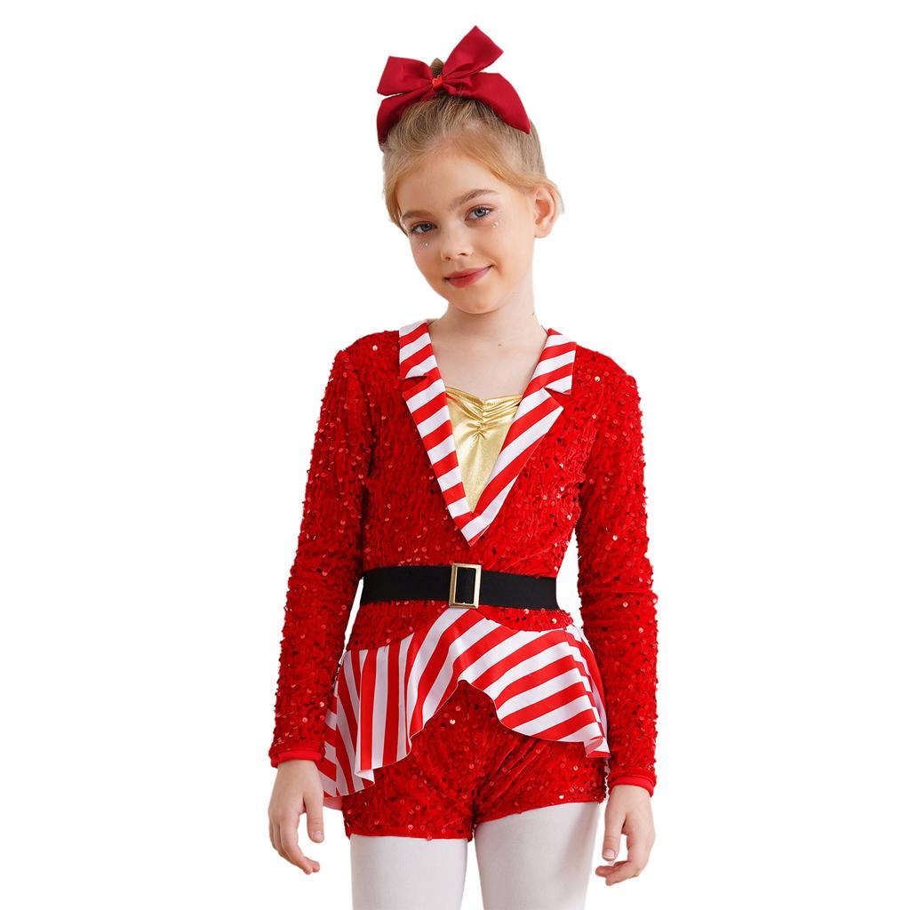 Dziewczęcy strój świąteczny kołnierzyk z klapami długi rękaw cekiny paski laski cukierkowej body impreza świąteczna